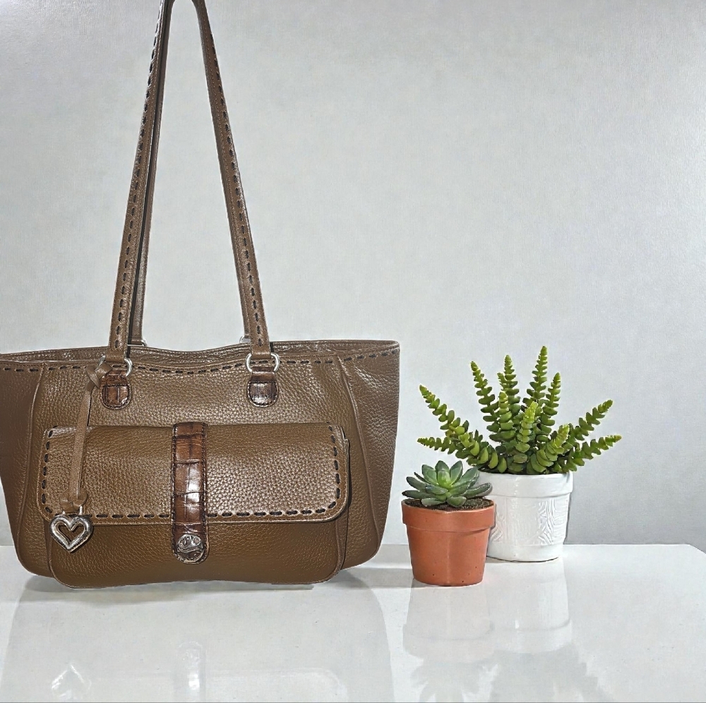 BRIGHTON Brown Pebbled Leather Shoulder Bag w/ Heart Charm Croc Accent